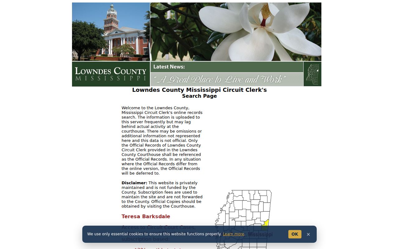 Lowndes County criminal and civil case search screen
