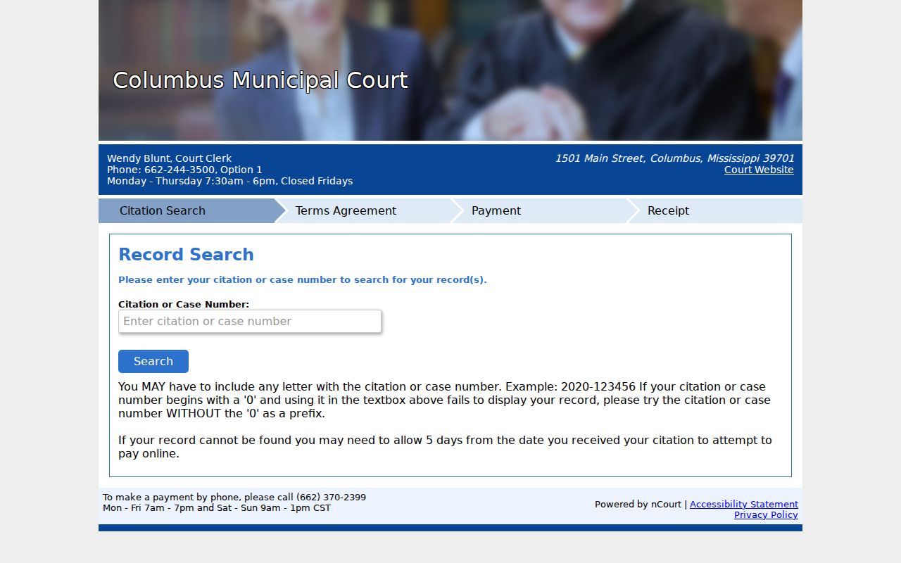 Columbus citation or case number search form