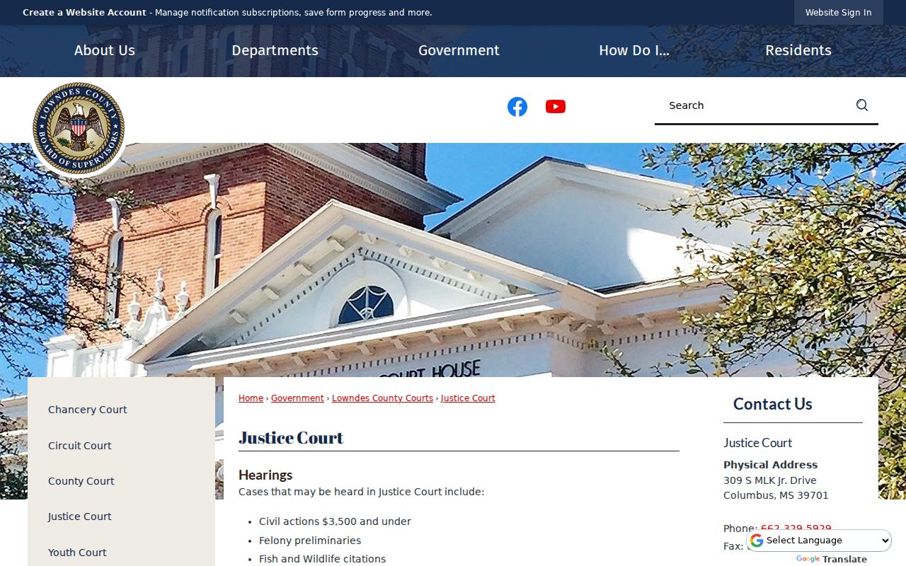 Lowndes County Justice Court jurisdiction and contact page